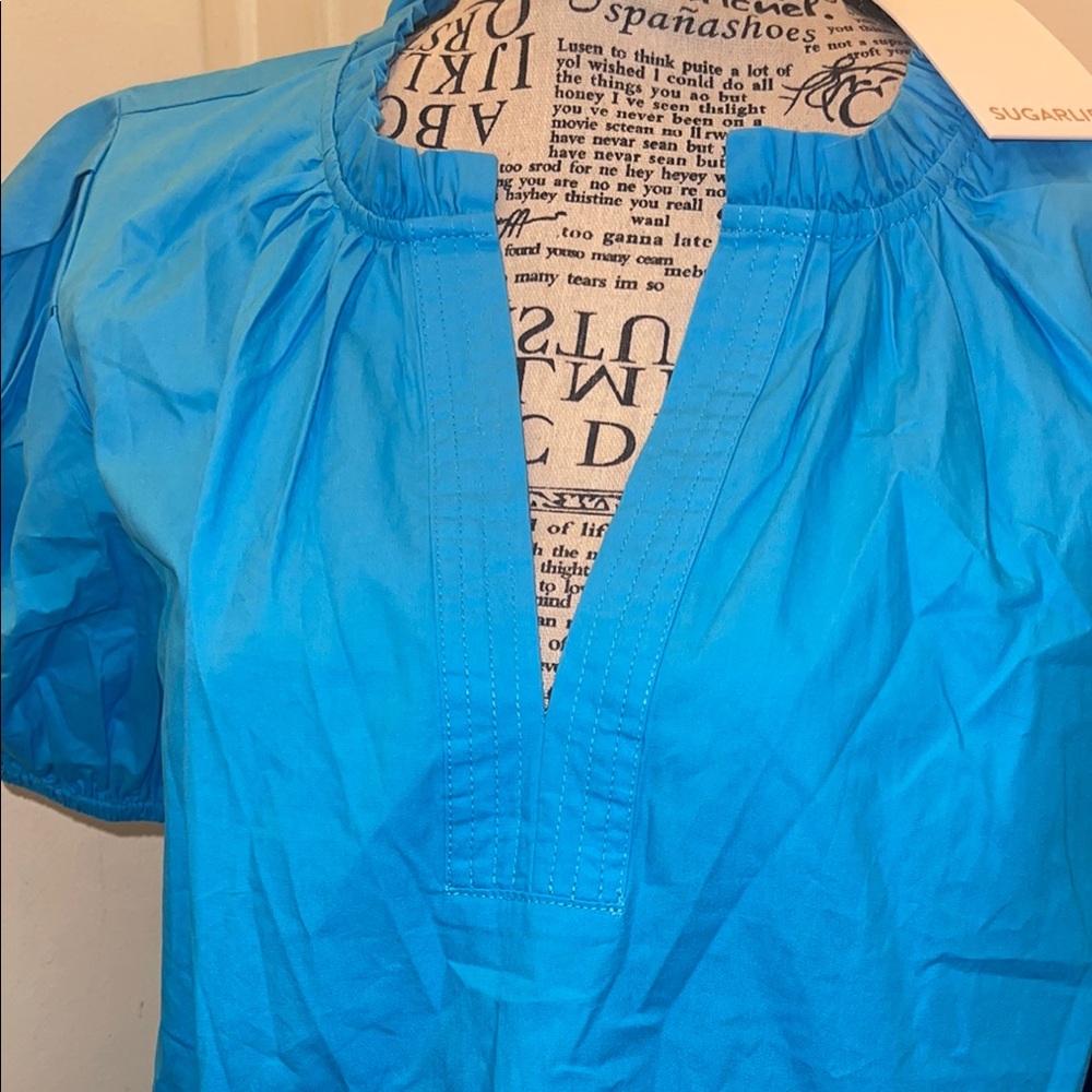 Sugarlips Blue Boxy Puff Sleeve Blouse with Mandarin Collar - Picture 5 of 5